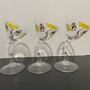 3 Beau Brummel Martini Glasses by Gay Fad Tipsy Drunk 5.5” Bent Stem Barware MCM